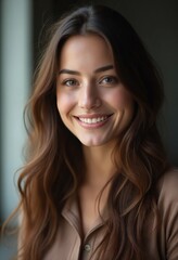 Fototapeta premium Woman with long brown hair is smiling and looking at the camera. Concept of confidence and beauty