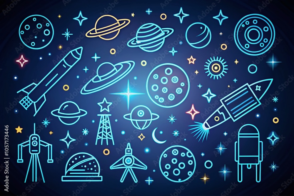 Poster space and astronomy thin line icons collection for ui design and web applications