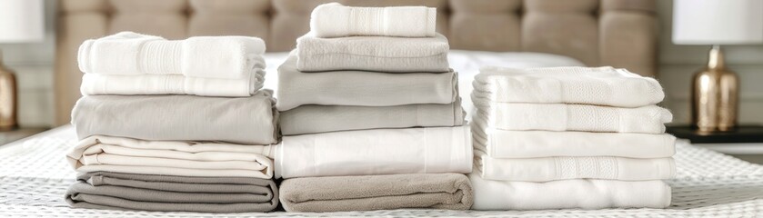 A stack of white towels on a bed
