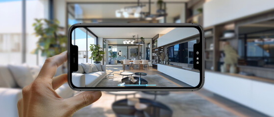 Hand holding a smartphone that is displaying a virtual tour of modern interior home