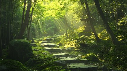 A serene forest path illuminated by sunlight, inviting exploration and tranquility.