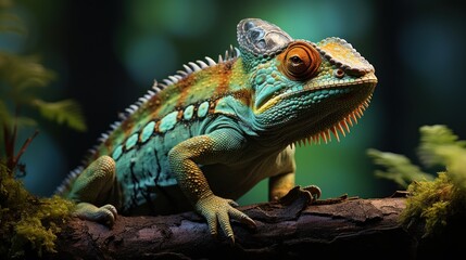 A vibrant lizard perched on a branch in a lush, green environment.