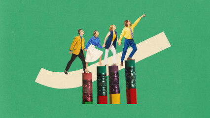 Contemporary art collage. Group of professionals climbing on pencils as on stairs and pointing up,...