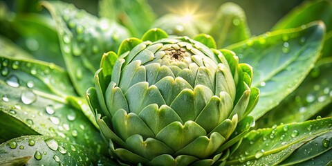 Obraz premium A Dew-Kissed Artichoke Bud, Basking in the Morning Sun, Its Green Scales Glimmering with Moisture