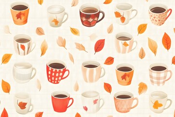 Autumn Coffee Cups Pattern   Warm Drink Fall Leaves Seamless Design
