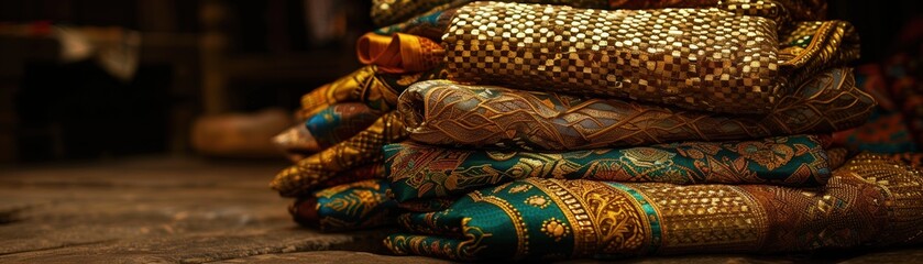 A pile of colorful fabrics with gold and silver designs