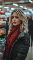 Fototapeta premium Young Woman in Red Scarf and Green Jacket at Grocery Store