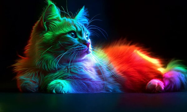 Un gato que tiene todos los colores del arco iris vibrantes