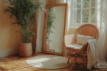 A Cozy Living Room with a Wicker Chair, Palm Plants, and a Floor Rug