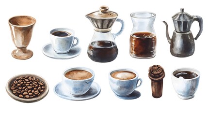 Watercolor Coffee Set   Cups  Beans  Moka Pot  French Press  Coffee Maker