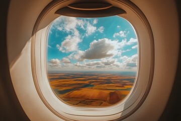 Fototapeta premium Airplane Window View of Fields and Clouds Travel Photography