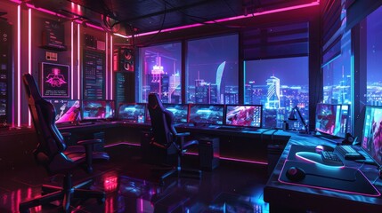 Neon Cityscape Gaming Setup