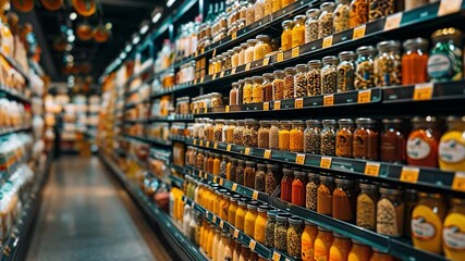 This Brightly colored jars and containers line the shelves, showcasing spices and sauces.