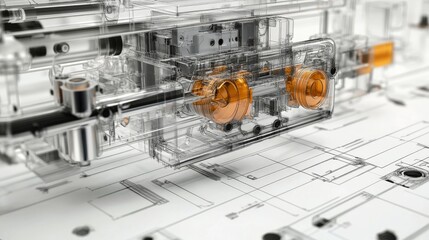 Integration of oil and hydraulic systems, transparent machinery, detailed fluid flow, blueprints visible, high-tech feel