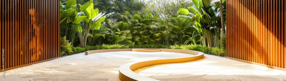 Poster a large open space with a curved walkway and a lot of greenery