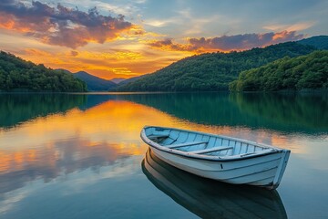 Wooden boat on calm lake reflecting colorful dusk sky