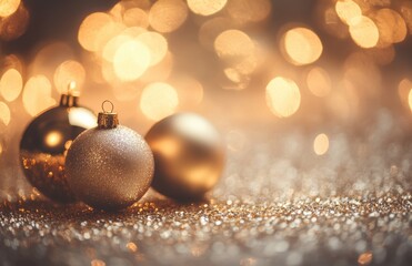 A close-up of three Christmas ornaments on an elegant, sparkling surface with bokeh lights in the background. The focus is sharp and detailed, showing off the gold tones and textures of each ornament.