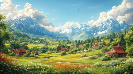 Naklejka premium Scenic landscape with mountains, fields, and quaint houses.