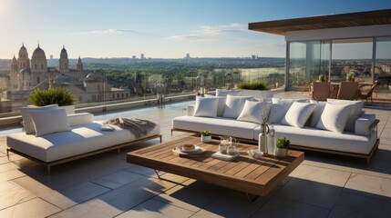 Fototapeta premium A luxurious rooftop terrace with modern furniture and a scenic view of the city.