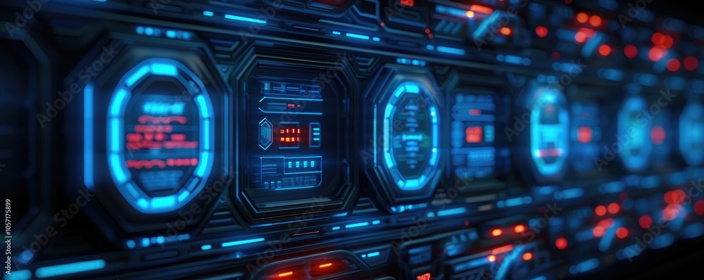 Poster a futuristic interface displaying glowing blue and red digital elements, resembling a data control p