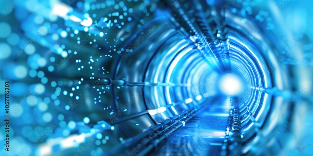 Poster a futuristic tunnel with glowing blue lights and sparkling particles, creating a mesmerizing digital