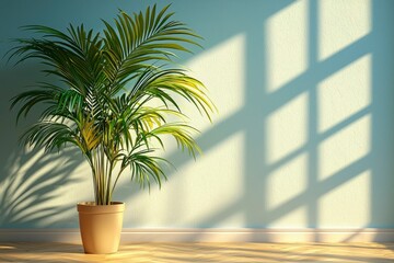 Obraz premium A potted palm tree with green leaves in a sunlit room with wood flooring.
