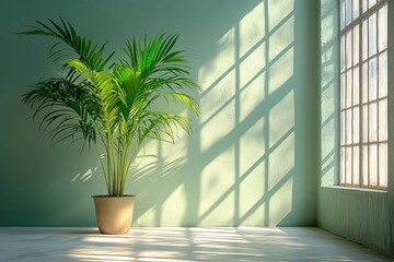 Potted Palm Tree in Room with Window and Sunlit Walls