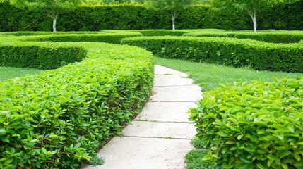 Obraz premium A winding stone path leads through neatly trimmed green hedges in a serene garden setting, inviting exploration and tranquility.