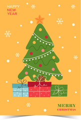 Hand drawn vector abstract fun Merry Christmas time cartoon illustrations greeting cards template and backgrounds big collection set with gift boxes,people and Xmas tree isolated on white background