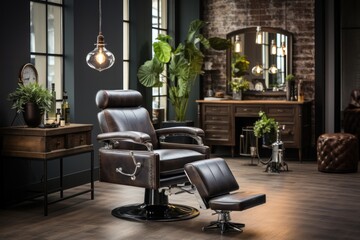 A stylish barber chair in a modern salon with plants and vintage decor.