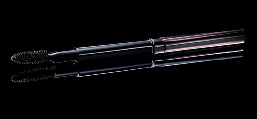 Black mascara wand with a brush on a black background.