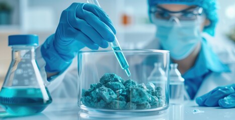 A scientist in protective gear carefully adds blue liquid to a glass container filled with solid samples in a laboratory setting.