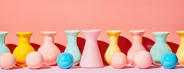 A colorful arrangement of vases and decorative balls against a pastel pink background, creating a vibrant and artistic display.