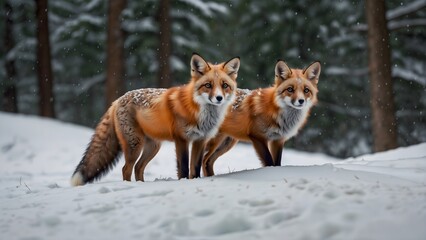 Two red foxes run with silent steps through the snow in a snowy forest. Snowflakes are falling, their fur is shining.