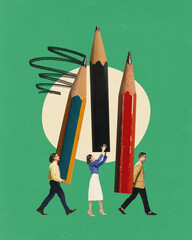 Contemporary art collage. Students hold oversized pencils, symbolizing power of learning,...