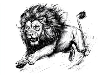 Obraz premium Running lion sketch, dynamic movement, white isolate background