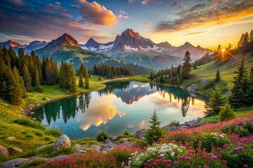 Stunning Art Illustration of a Majestic Mountain Landscape at Sunrise