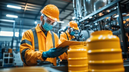 Recycling oil containers, factory setting, workers in protective gear, eco-friendly process, detailed mechanics