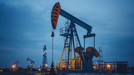 Repaired oil well, modern machinery replacing older parts, detailed pipes and drills, nighttime work environment