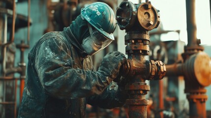 Restoration of an old oil well, workers in protective gear, gritty textures, rusted equipment, rejuvenation process in focus