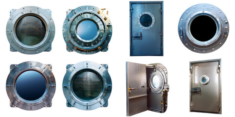 Metal door with porthole window in submarine closed and open, set collection, mega bundle, isolated on transparent background