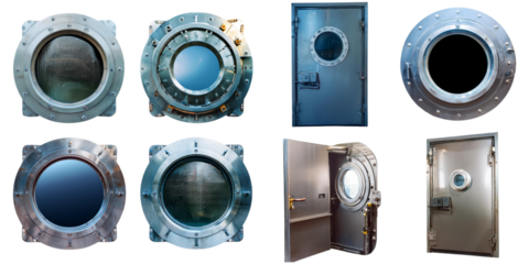 Metal door with porthole window in submarine closed and open, set collection, mega bundle, isolated on transparent background