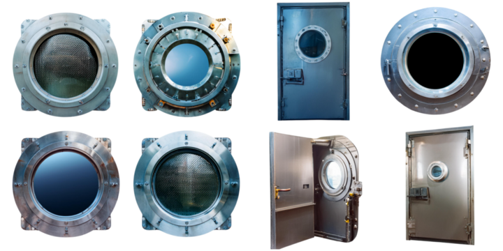 Metal door with porthole window in submarine closed and open, set collection, mega bundle, isolated on transparent background