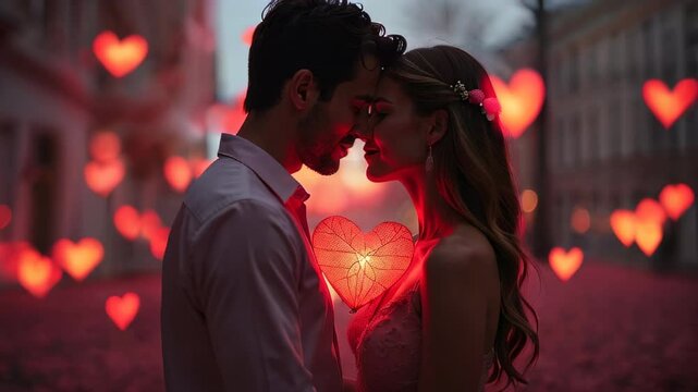 A romantic evening in a flower-strewn street with glowing hearts between a couple embracing at sunset. Perfect for Valentine's Day or Wedding
