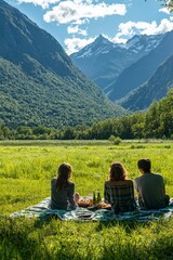 Friends having a picnic in an open meadow, sitting on a blanket and laughing together,