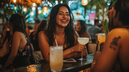 Latina woman sitting at a trendy bar, sipping on a cocktail and laughing with friends,
