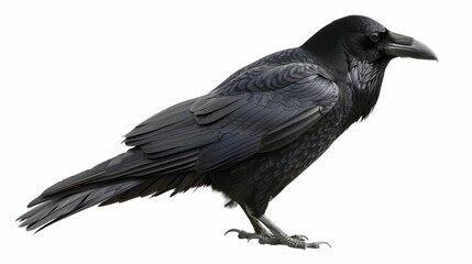 Black raven perched on a branch, showcasing its glossy feathers and sharp beak against a white background, symbolizing mystery and intelligence in nature