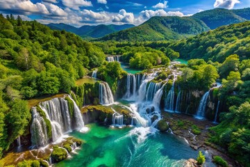 Fototapeta premium Stunning Drone View of Lush Green Mountains with Cascading Waterfalls in a Serene Landscape