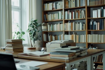 A sunlit study framed by bookshelves invites intellectual exploration, with desks cluttered with volumes, exuding warmth and creativity in a quiet space.