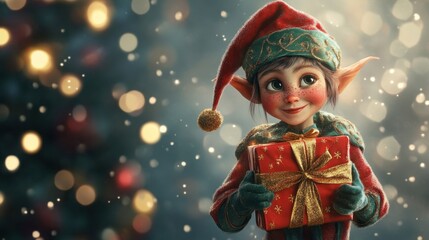 Christmas elf holding a gift in a sparkling background